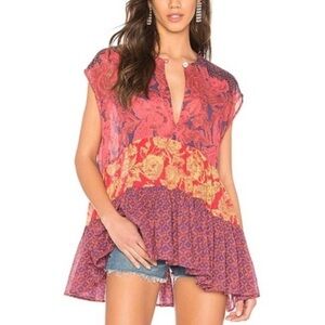 Free People Top Oversized Patchwork Tunic Size XS Floral Geometric